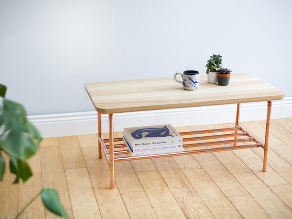 Coffee Table Handmade from Copper & Ash Hardwood | Storage Underneath