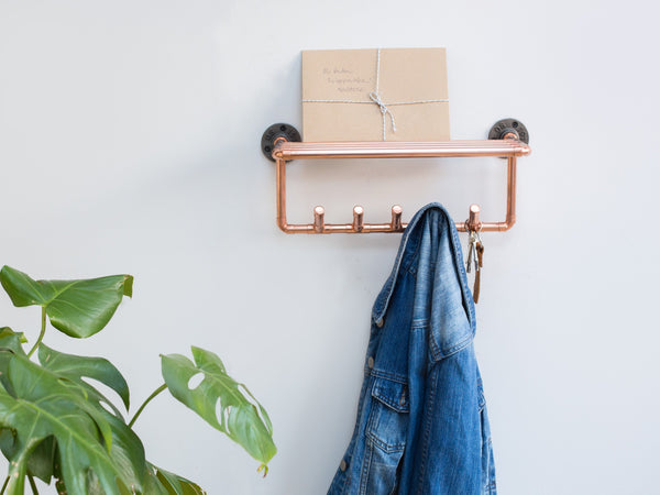 Copper key rack/coat hooks with shelf - Stylish hallway - Industrial copper pipe