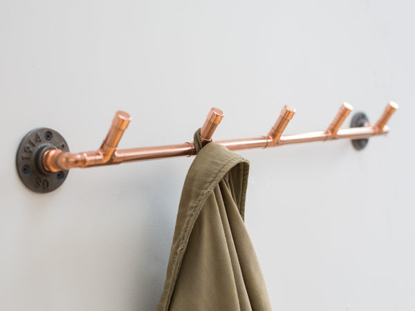 Industrial copper pipe coat hooks - Wall mounted with iron fixings